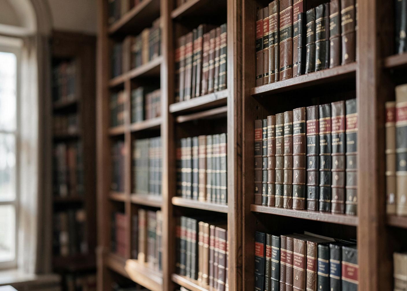 Shelves of bound legal volumes in a quiet law library